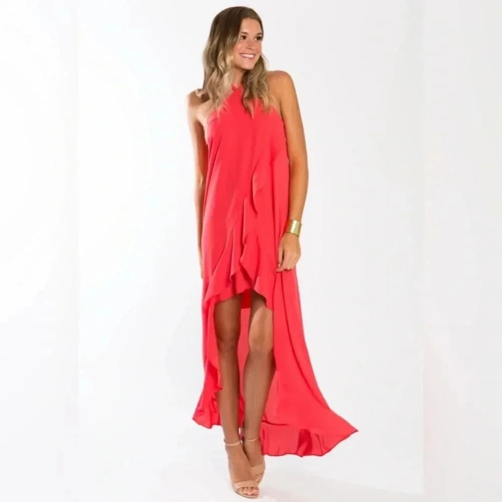 NWT Crosby by Mollie Burch Leighton Coral Maxi Ruffle Halter Dress 0 XS formal